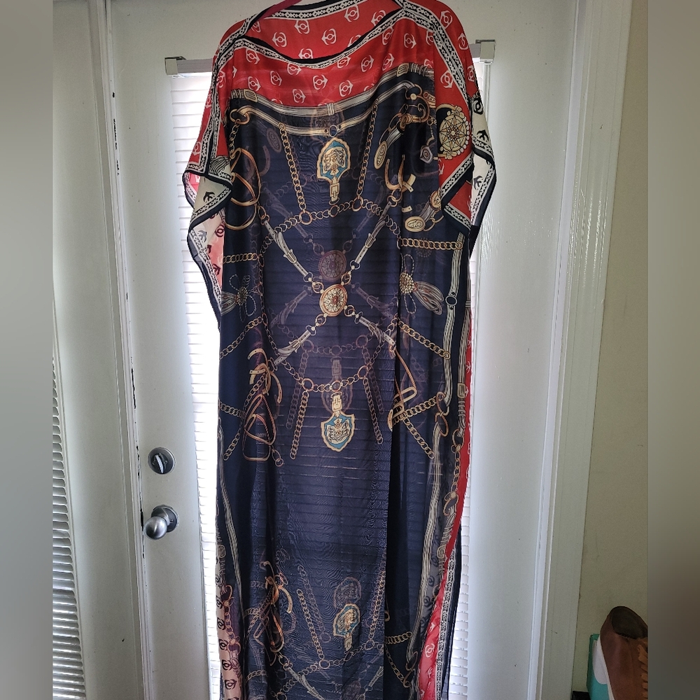 Elegant Black and Red Chain Print Dress Fits S-3×